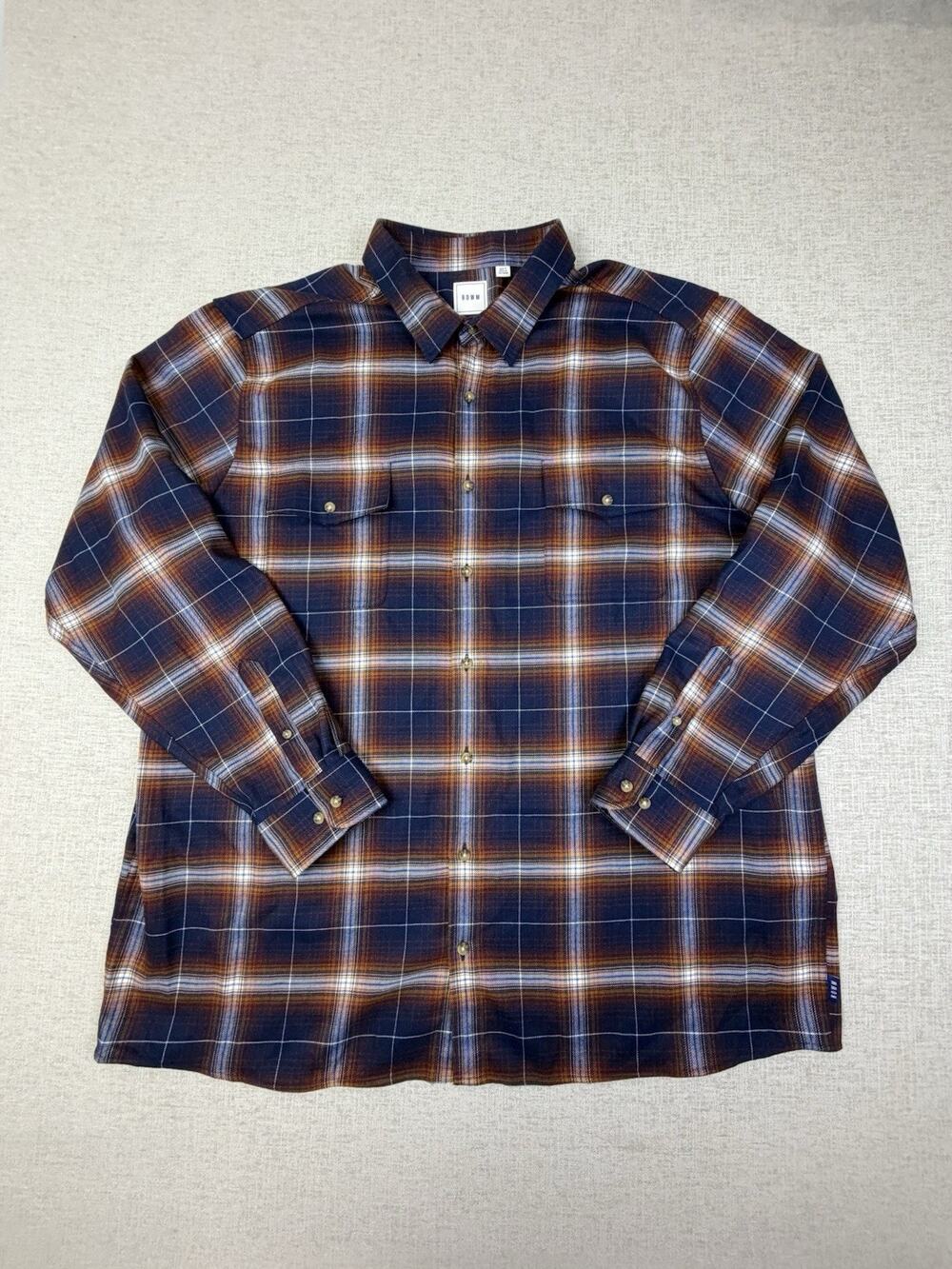 ROWM Flannel Shirt Men’s 3XT Tall Navy Rust Plaid Stretch Button Up Long Sleeve